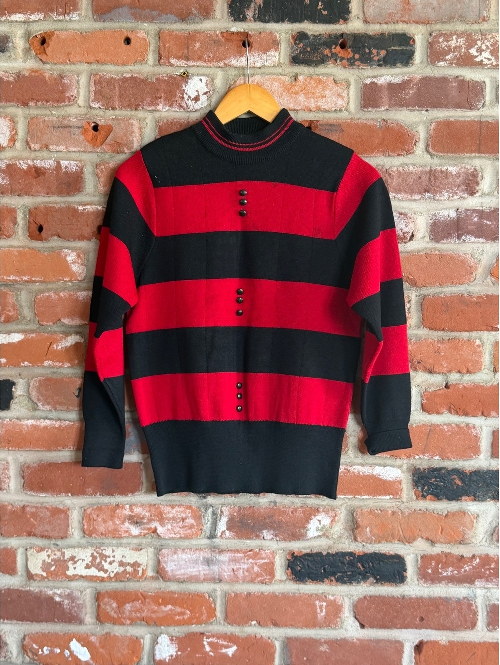 1950/1960 Women's Red and Black Striped Long Sleeve Sweater with Button Detail